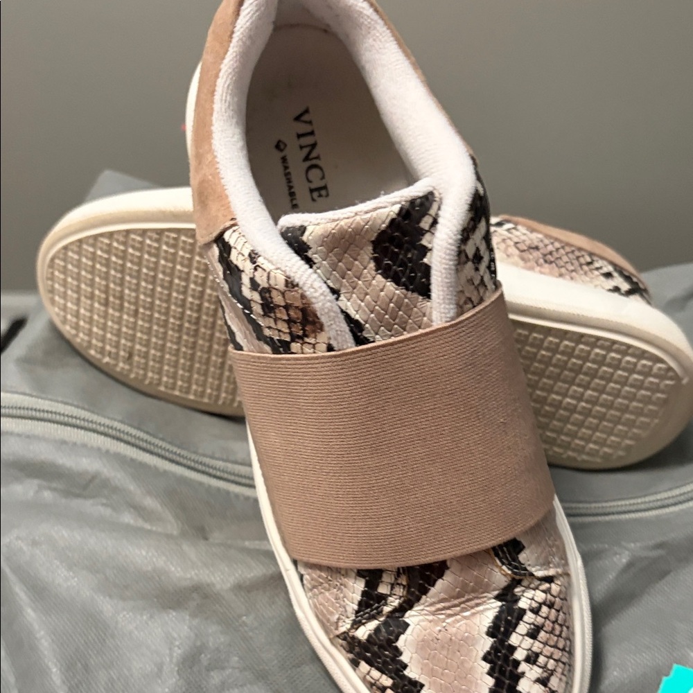 Vince Camuto Taupe and Cream Snake-Print Slip-On Sneakers